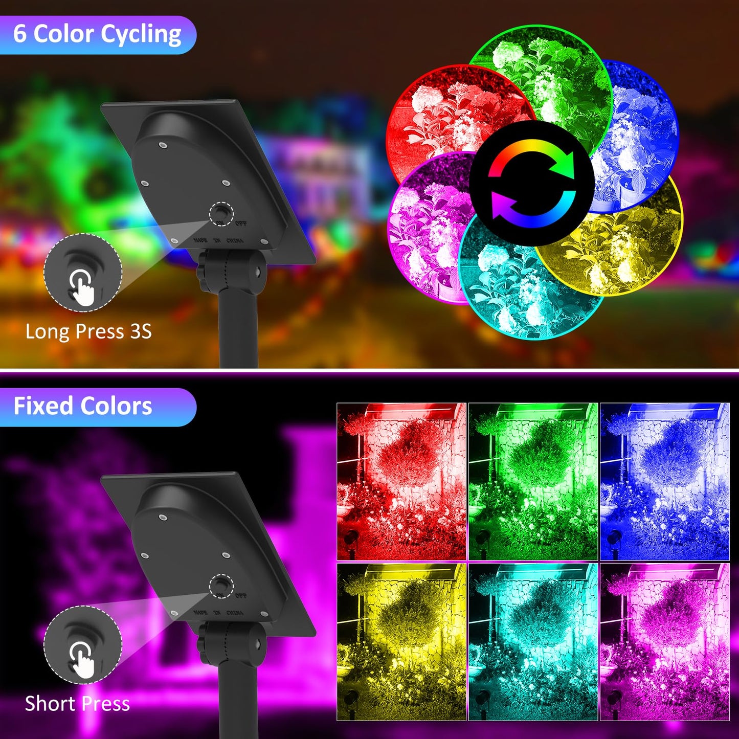 T-SUNUS RGB Solar Landscape Spotlights, IP65 Waterproof, 9.8ft Cable, Multicolor, Model TS-S4201-1H-RGB-V2