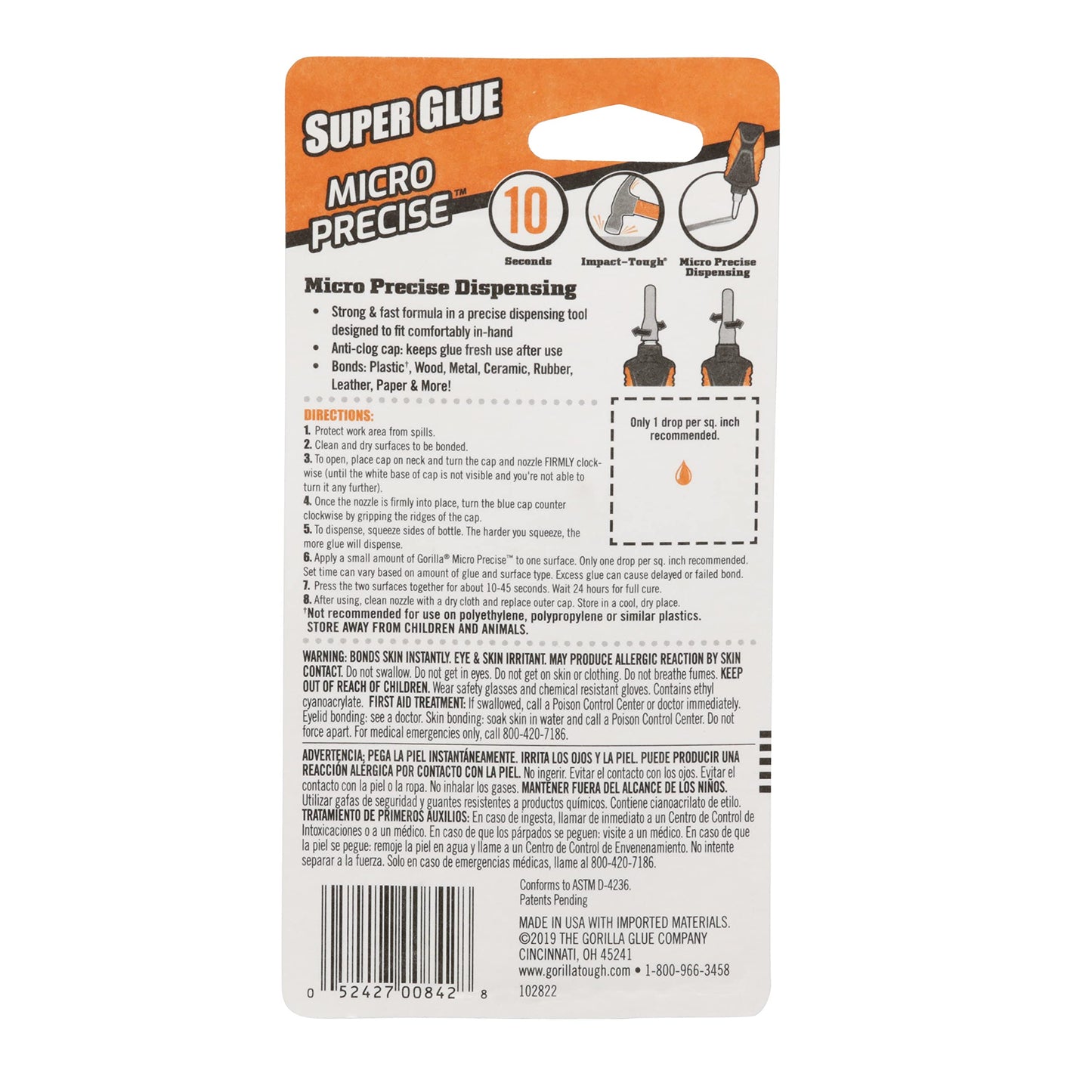 Gorilla Micro Precise Super Glue Gel, Cyanoacrylate Glue, Fast Setting, Precise Dispensing Tool, Anti-Clog Cap, Clear, 5.5g, (Pack of 2)