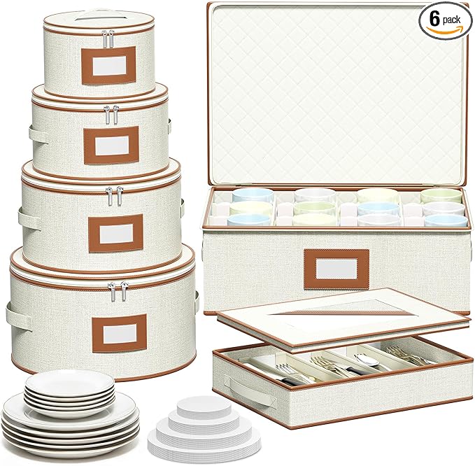 Aokeyee China Storage Containers- 6 Piece Set Hard Shell Moving Box for Dishes, Plate, Mugs, Cup, Silverware, Flatware, Saucers, Dinnerware, Sturdy Quilted Organizer with Soft Dividers, Handles, Ivory