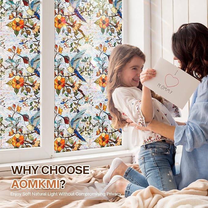 Stained Glass Window Film UV Resistant Window Privacy Film Hummingbird Floral Privacy Rainbow Decals Living Room Bedroom Sun Blocking Decor Removable Static Cling Stickers 17 x 78.74 Inch