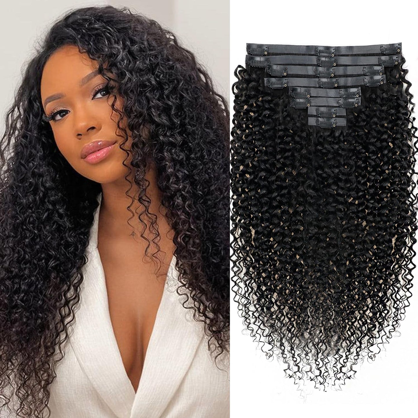 18 Inches Seamless Kinky Curly Clip in Hair Extensions Real Human Hair #1B Natural Color Brazilian Virgin 3c 4a Curly Clip ins H