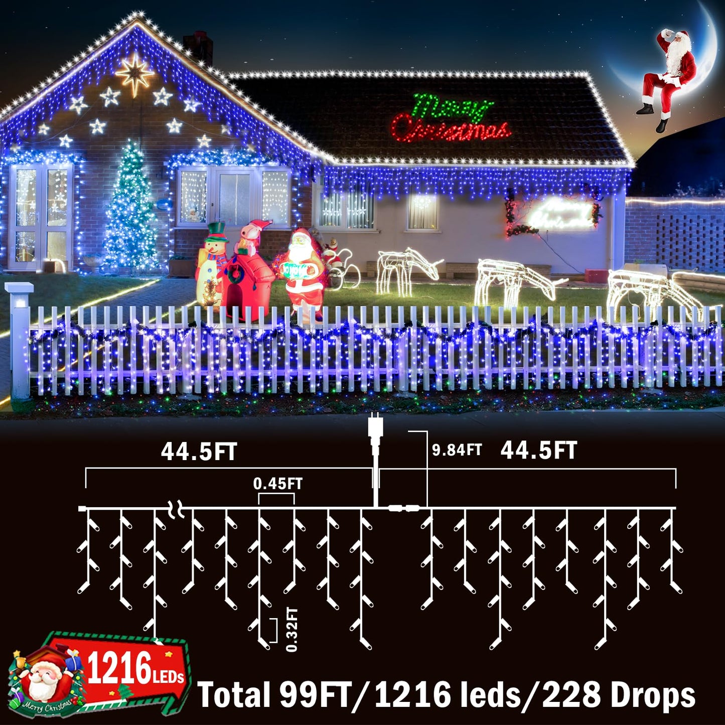 KNONEW Outdoor Decorative String Lights, 1216 LED, 99ft, 8 Modes, Clear Wire, Blue ??? Christmas, Wedding, and Holiday Decorations