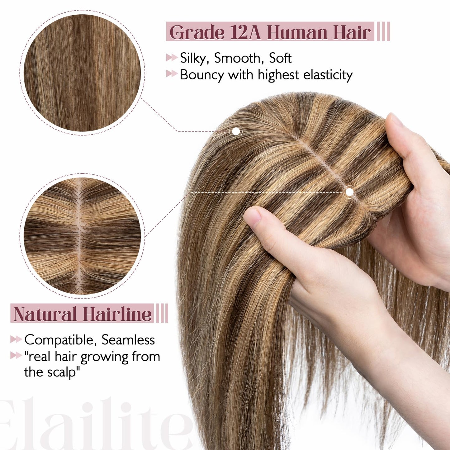 Elailite Hair Toppers for Women Real Human Hair Topper Thinning Thin 5.1x2.8 Silk Base Clip in Remy Hairpieces 12 Inch Chocolate