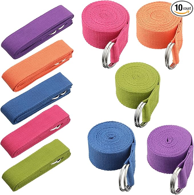 10 Pcs Yoga Strap 8ft Yoga Stretching Exercise Band Stretching Belt with Adjustable Metal D Ring Buckle Loop for Pilates, ...