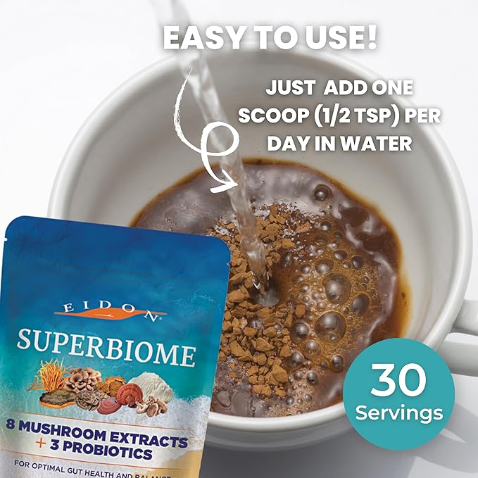 Eidon Ionic Minerals SuperBiome, Mushroom Probiotics Powder Blend, Microbiome Health Supplement with Organic Reishi, Chaga, Lion's Mane, Cordyceps, Turkey Tail, Shitake, Maitake, Phelinus, 30 Servings