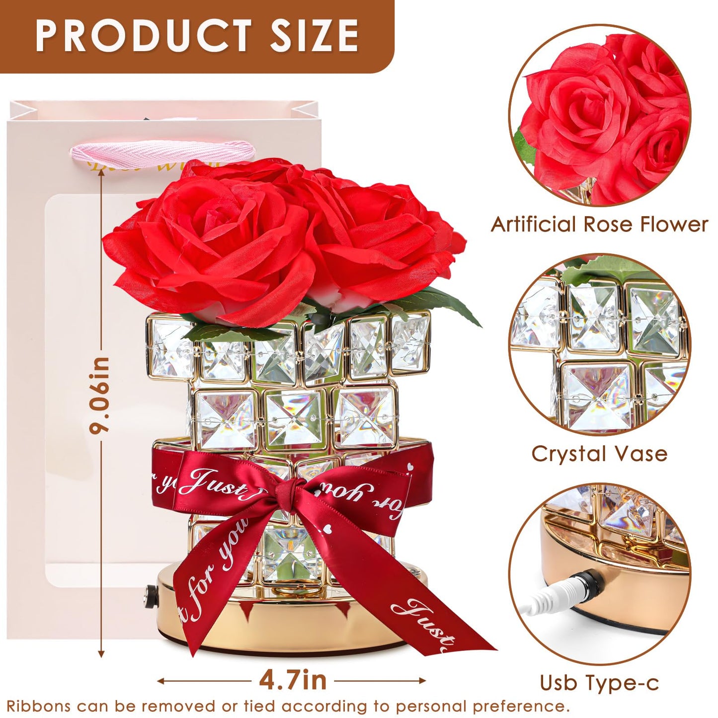 Rose Flower Table Lamp Gifts: For Women/MotherS Day/Mom/Grandma/Sister/Girlfriend  Battery Powered Small Night Light For Kitchen Bedroom Office Decor Rechargeable Cordless Touch Crystal Lamp