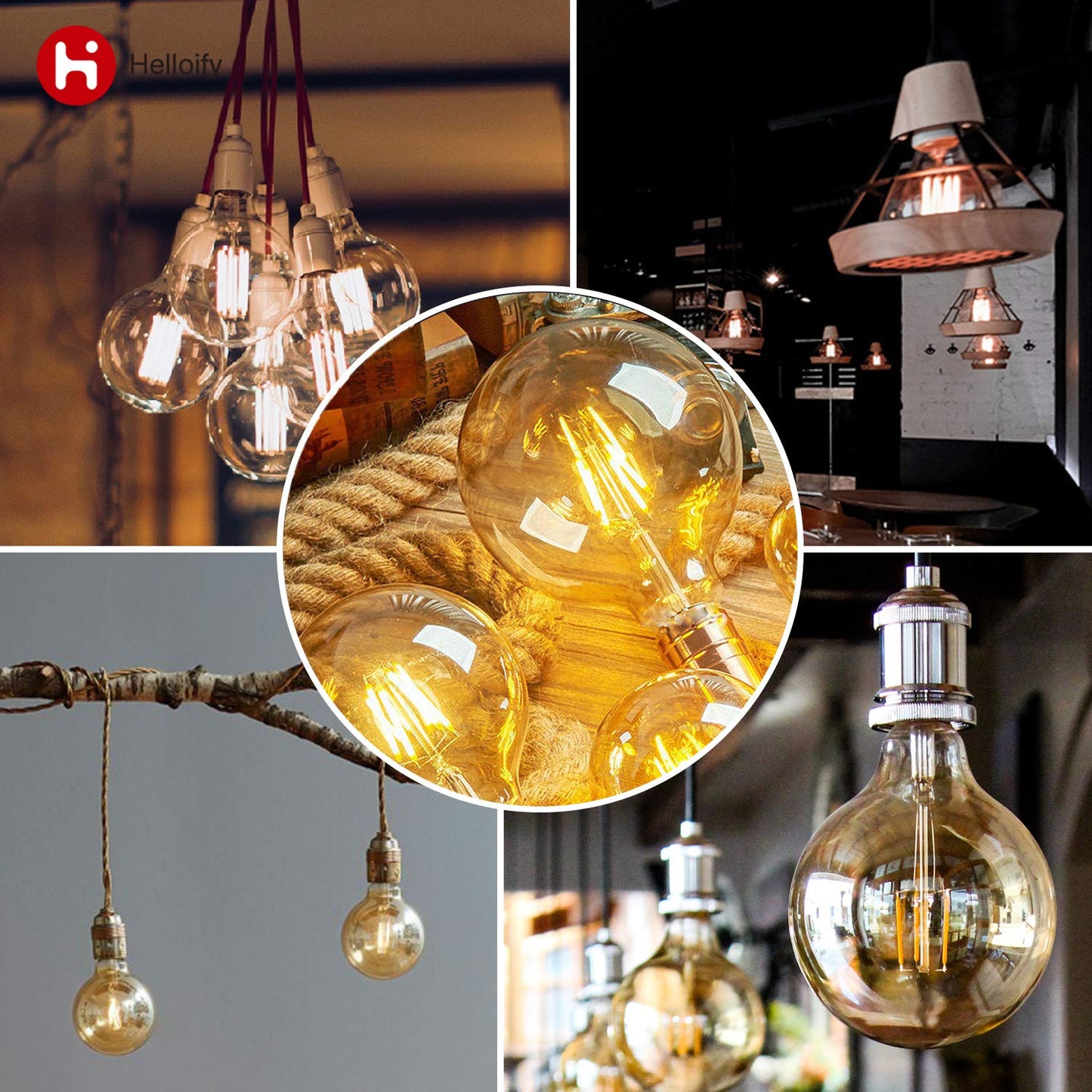 Helloify G25 Vintage LED Edison Bulb, Dimmable, Warm White 2500K, Amber, E26 Screw Base, 60W Equivalent, 4 Count