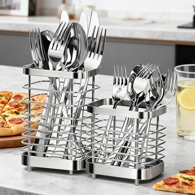 Utensil Holder, Stainless Steel Utensil Drying Rack for Kitchen Counter, Silverware Cutlery Flatware Holder Forks, Knives, Spoons, Chopsticks Organizer (Silver, Tall & Short)