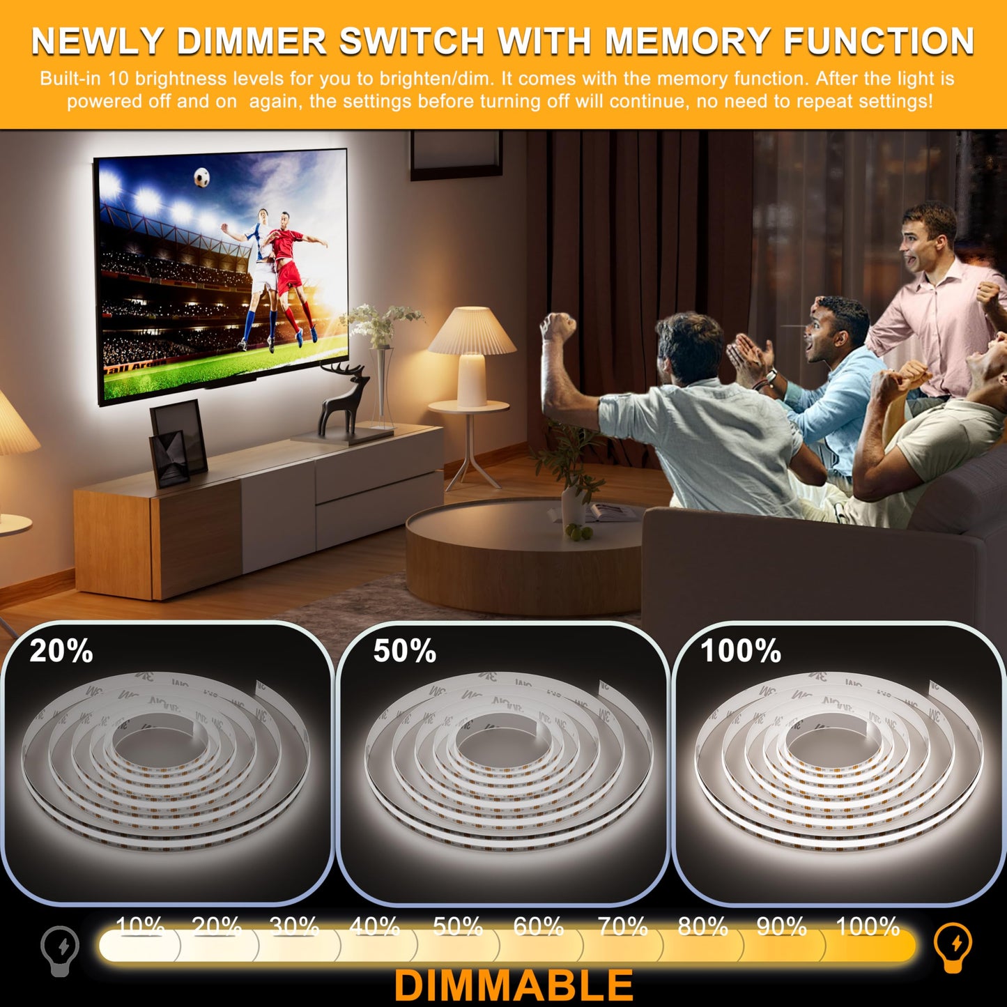 PAUTIX USB LED Strip Light, 6.56ft, 640 LEDs, Dimmable, 6000K Daylight White, Plastic, Model SW320F008W05-CO