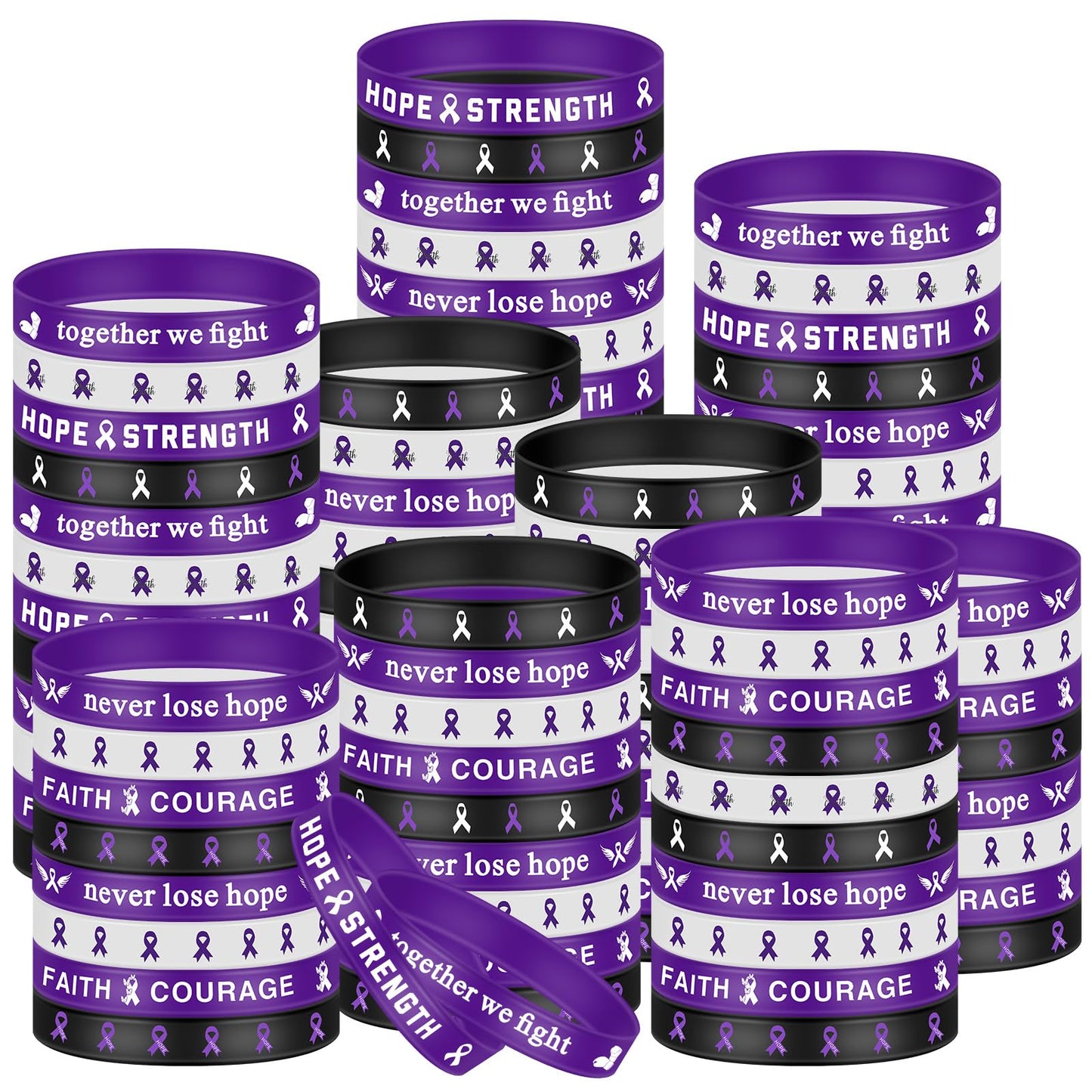 Karenhi 96 Pieces Purple Ribbon Awareness Wristbands Silicone Rubber Bracelets with Hope Faith Strength Courage Inspiring for Pa
