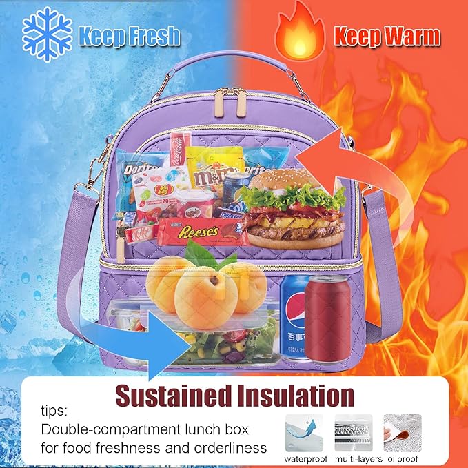 Lunch Bag for Women,Dual Compartment Lunch Box for Womens, Insulated Lunchbag Leakproof Lunch Tote Lunch Cooler Bag for Women Men,Lunchbox with Adjustable Strap for Work Picnic Beach