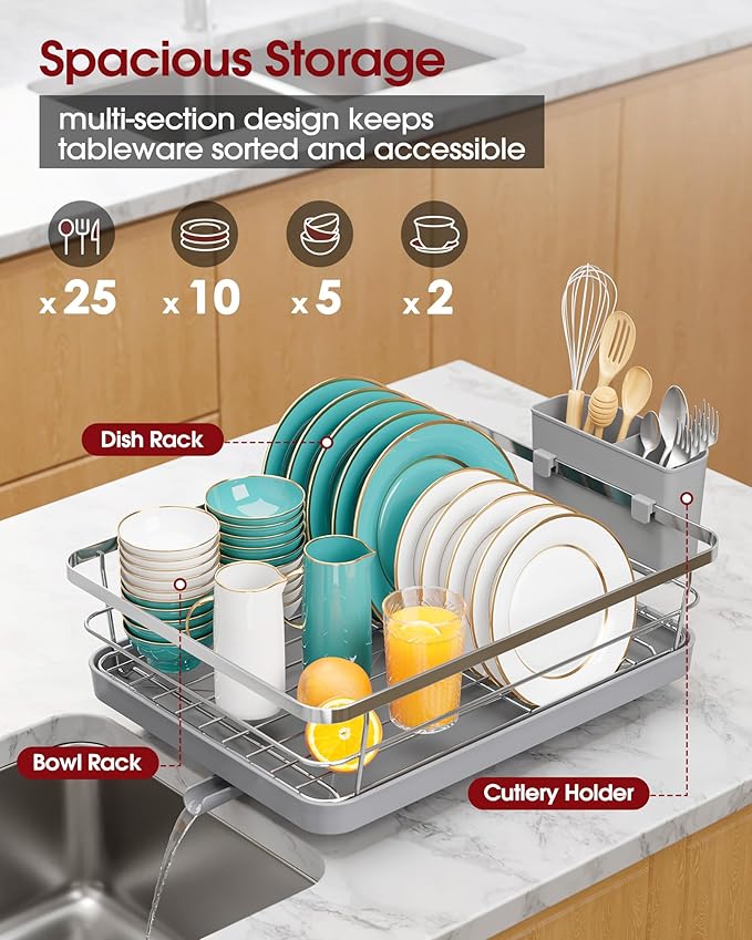 Stainless Steel Dish Drying Rack for Kitchen Counter, Sink Organization and Storage Essentials with Silverware & Utensil Holder, Home and Apartment Decor, 12''W x 15.5''L, Silver