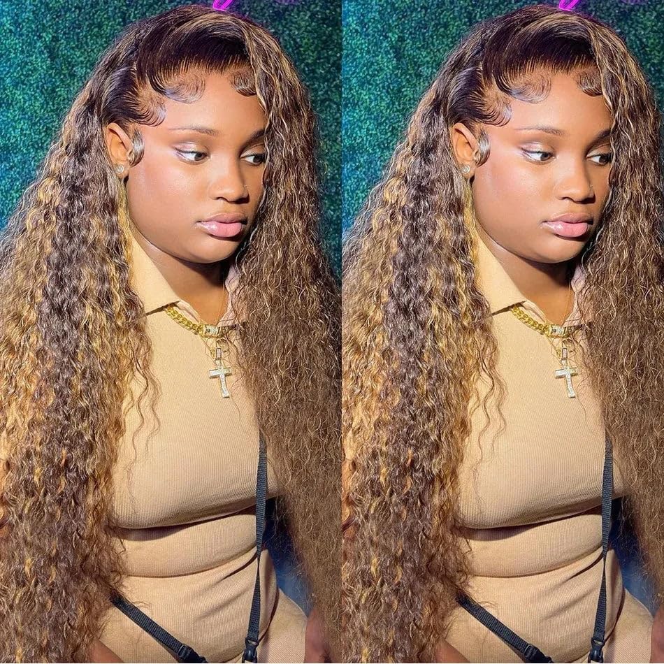 30 Inch Highlight Ombre Lace Front Wig Human Hair 13x6 HD Honey Blonde 4/27 Deep Wave Lace Front Wigs Human Hair 180% Density Co