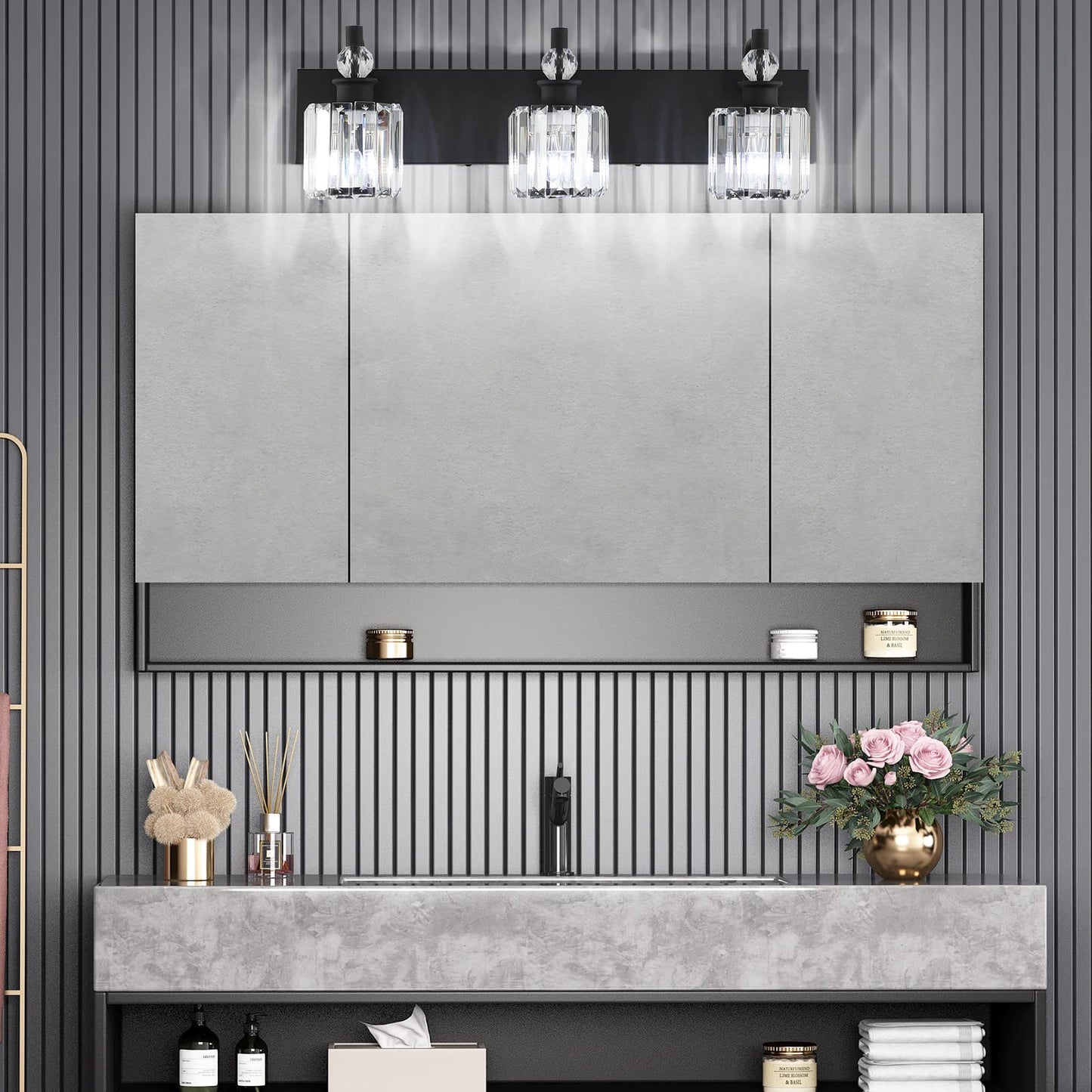 Ralbay 3 Light Bathroom Vanity Lights - Matte Black Crystal Fixtures, 24 Inch, Model 8605, Modern Over Mirror Design