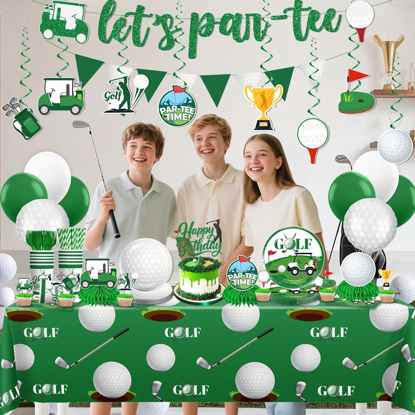 342pcs Golf Party Decorations, Golf Birthday Decorations Include Golf Plates and Napkins Set, Banner Hanging Swirls Tablecloth Cupcake Topper Balloon, for Golf Birthday Party Decorations, Serves 50