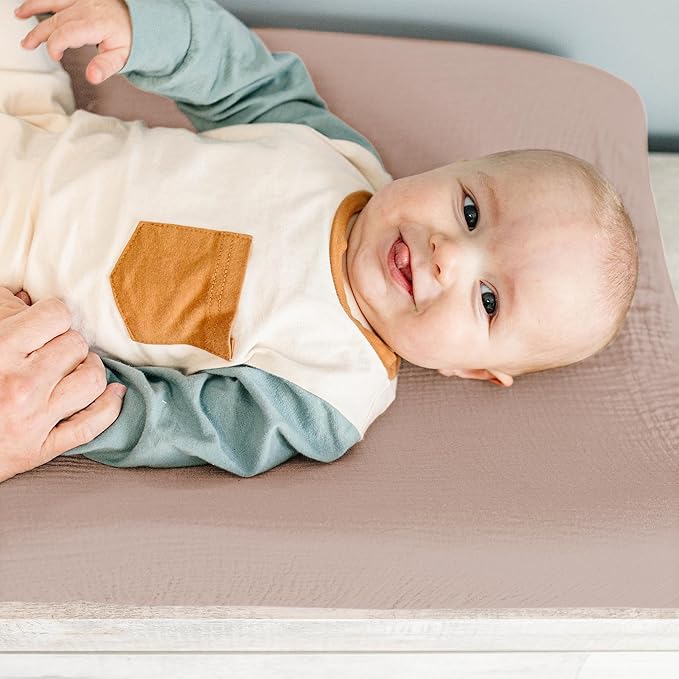 Konssy 2 Pack Muslin Changing Pad Covers for Boys, Ultra Soft & Breathable Cotton Baby Diaper Changing Table Covers, Neutral Nursery Diaper Changing Pad Sheets (Soft Blooms,Taupe)