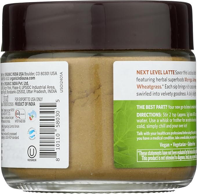 Organic India Chocolate Moringa Latte Powder - Superfood Mix, Moringa Leaf Tea, With Ashwagandha and Turmeric, Dietary Supplement, Stress Support, Rich Cocoa, Caffeine Free - 3.52 Oz