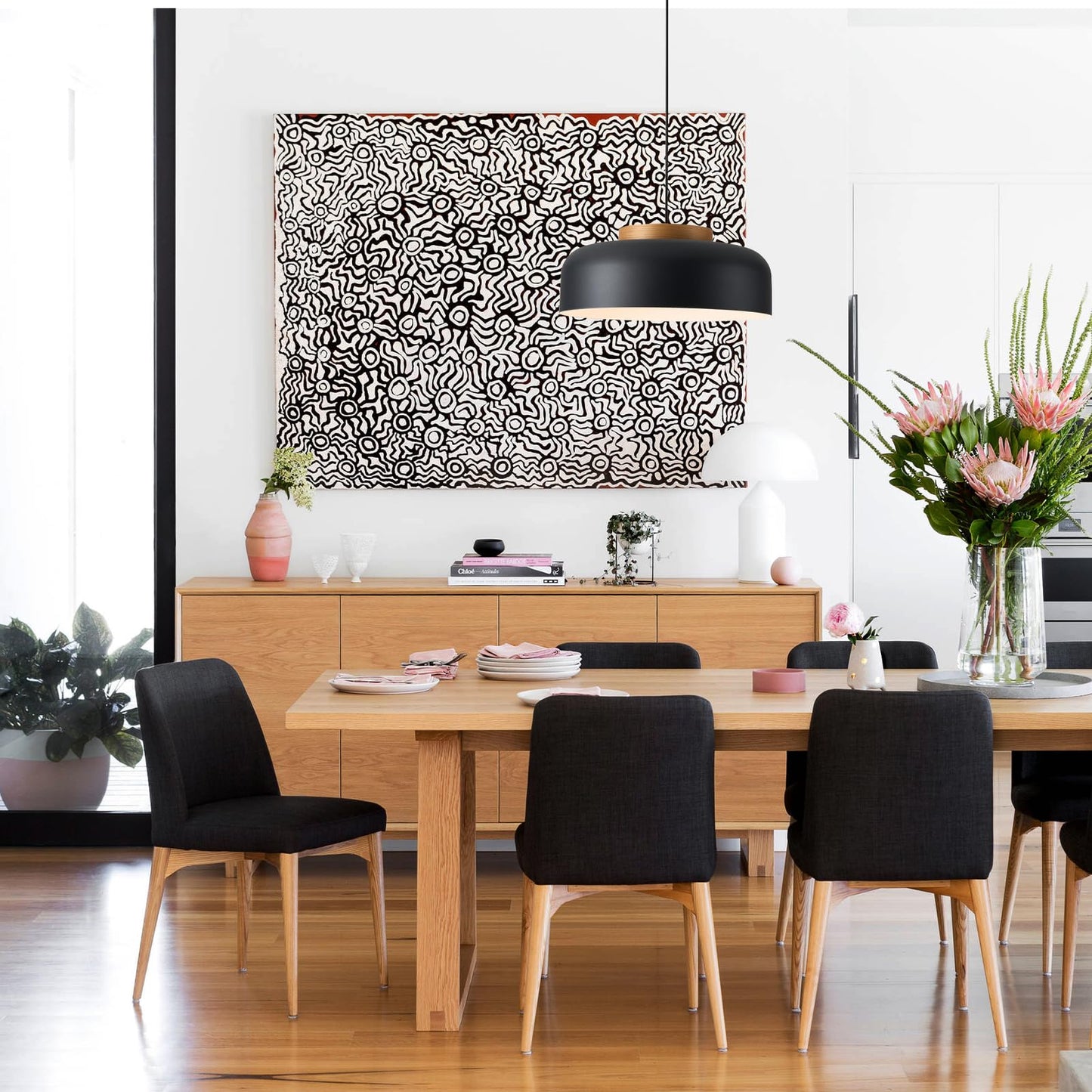 Modern Large Pendant Light Fixture  17.7 Inch Natural Wood Cap  Matte Black Finish  Simple Pendant Lighting For Kitchen Island  Dining Room  Table