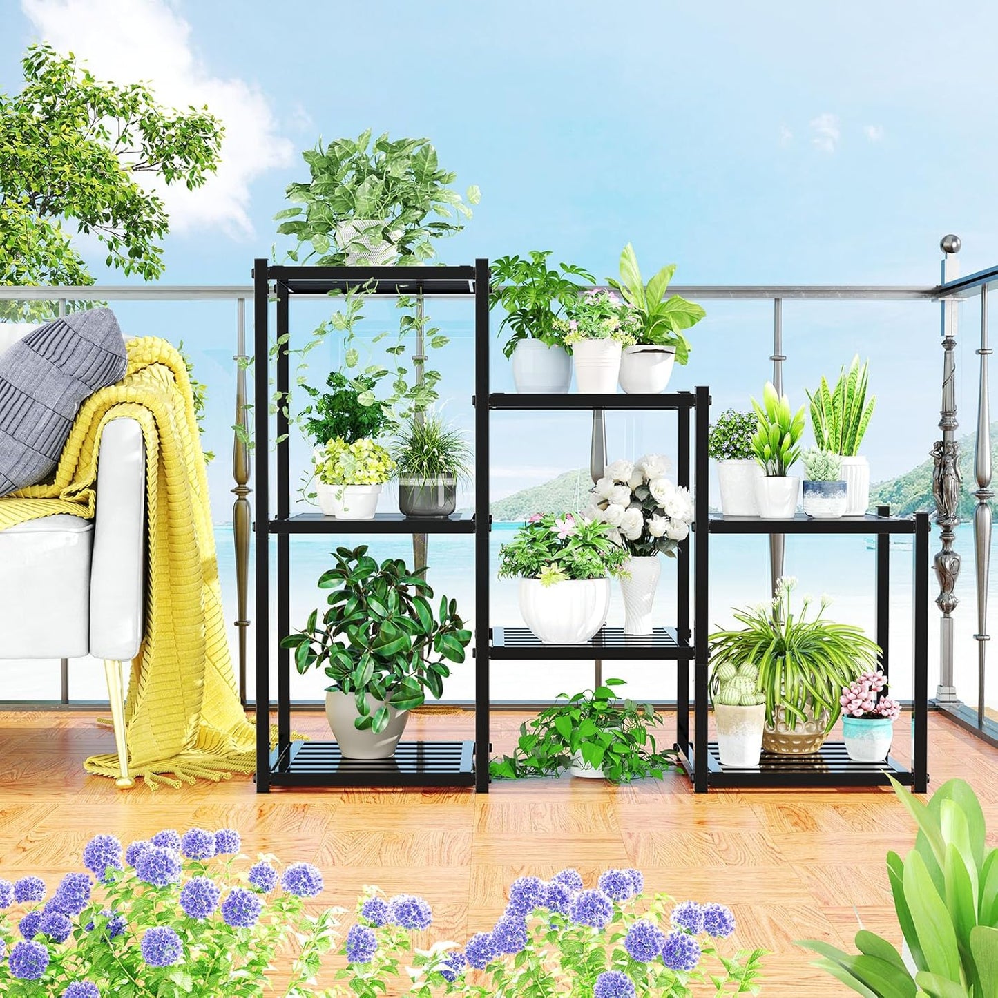 Simple Trending Plant Stand Indoor Outdoor, Heavy Duty Metal Waterproof 7 Tiered Plant Shelf for Multiple Flower Planter Holder Tall Large Rack, Black