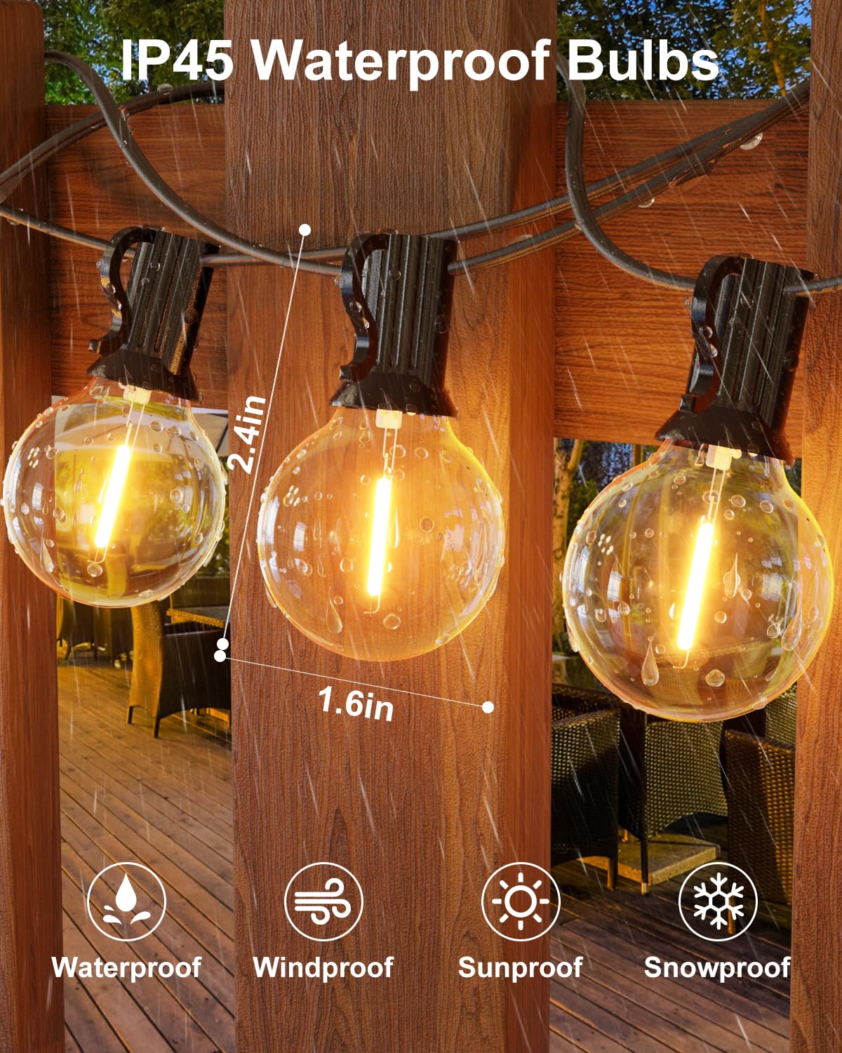 Gluroo Outdoor String Lights 30Ft Led Waterproof 15+1 Shatterproof Bulbs G40 Black Model O151 For Patio, Backyard, Camping, Garden