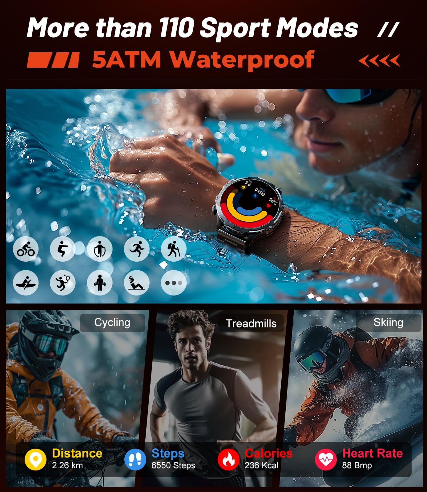 HIRREO Military Smart Watch for Men, 1.85'' HD Large Screen Smartwatch, Flashlight/IP68 Waterproof/800mAh/Pedometer/100+ Sports Fitness Tracker, Mens Smart Watches for Android iPhone Compatible