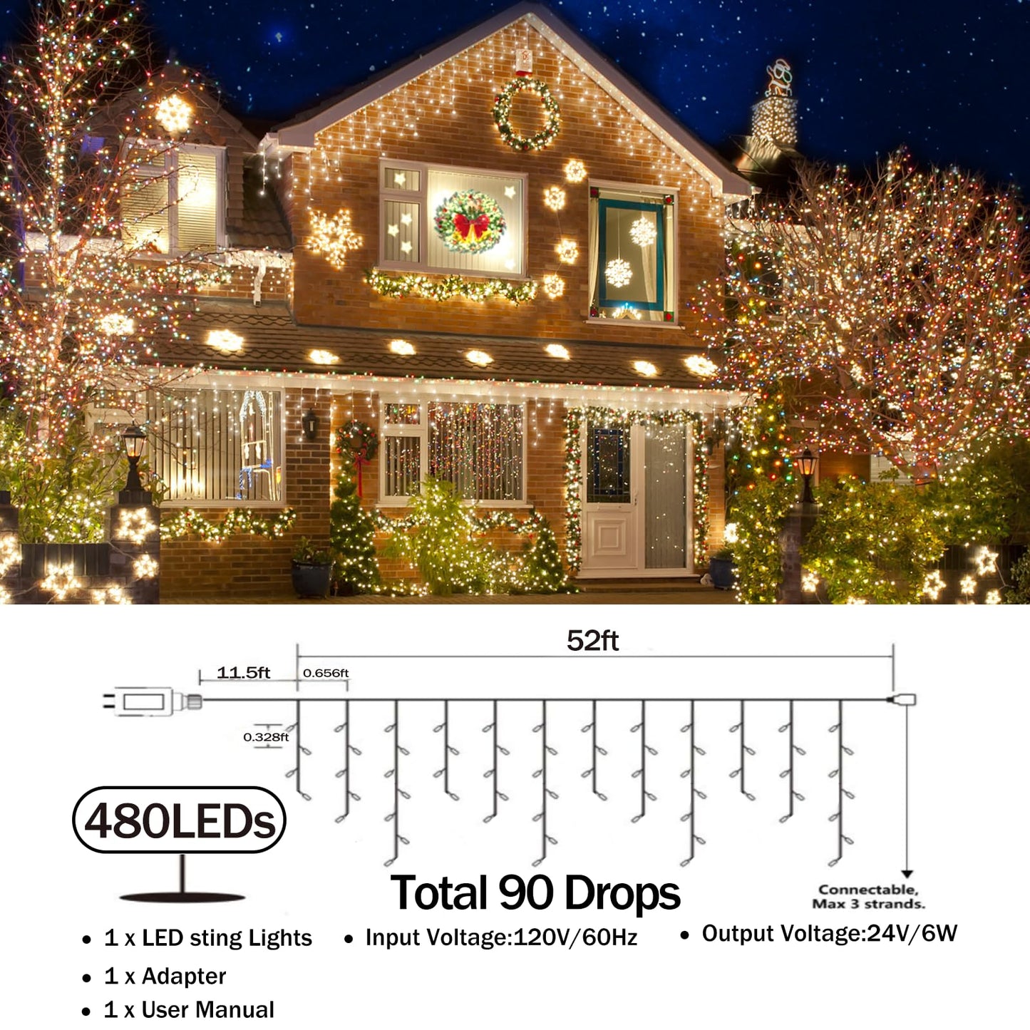 Jeayydsi 52Ft Christmas Lights Outdoor Decorations 480Led Fairy String Light 12 Lighting Modes With Timer Memory Waterproof Christmas Light For Yard Roof Party Holiday Wedding Garden Decor