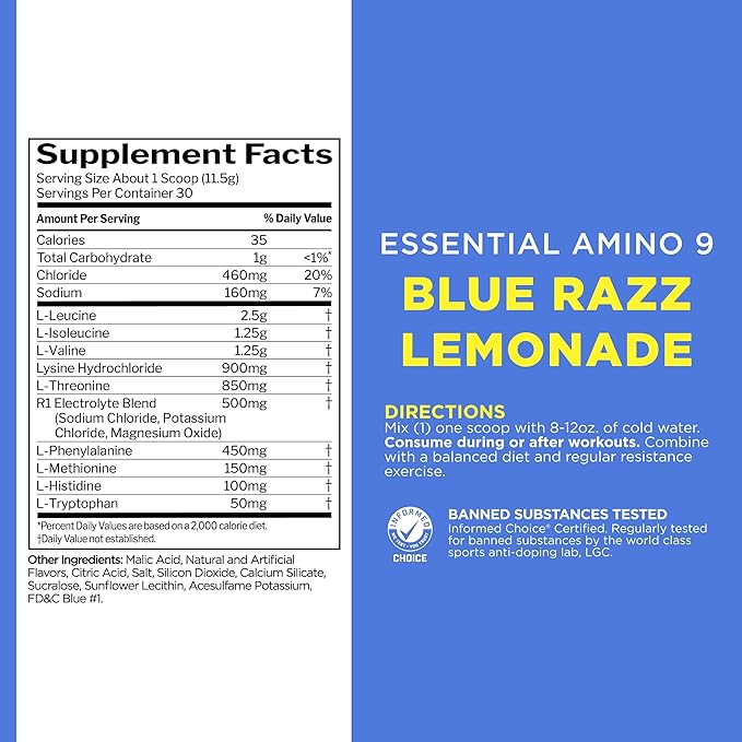 Rule 1 Essential Amino 9 – Recovery & Hydration Support with 7.5g of Essential Amino Acids + Electrolytes (30 Servings, Blue Razz Lemonade)
