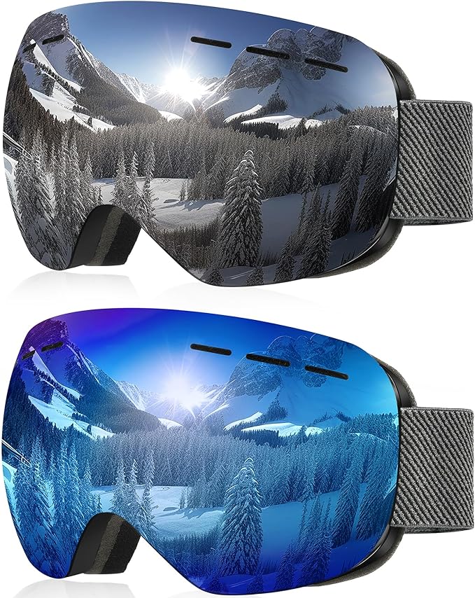 NSSIW Ski Goggles for Men Women Youth, OTG Snowboard Goggles Snow Goggles with Anti Fog and UV Protection Over Glasses 2 Pack