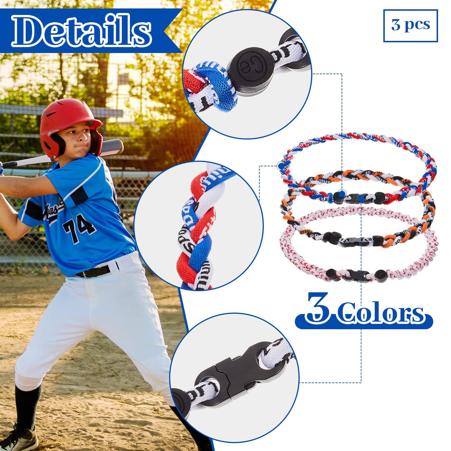 Junkin 3 Pcs Baseball Necklaces Three Braided Rope Titanium Necklace for Team Gifts Boys Men Player Softball Fans Sports (Retro