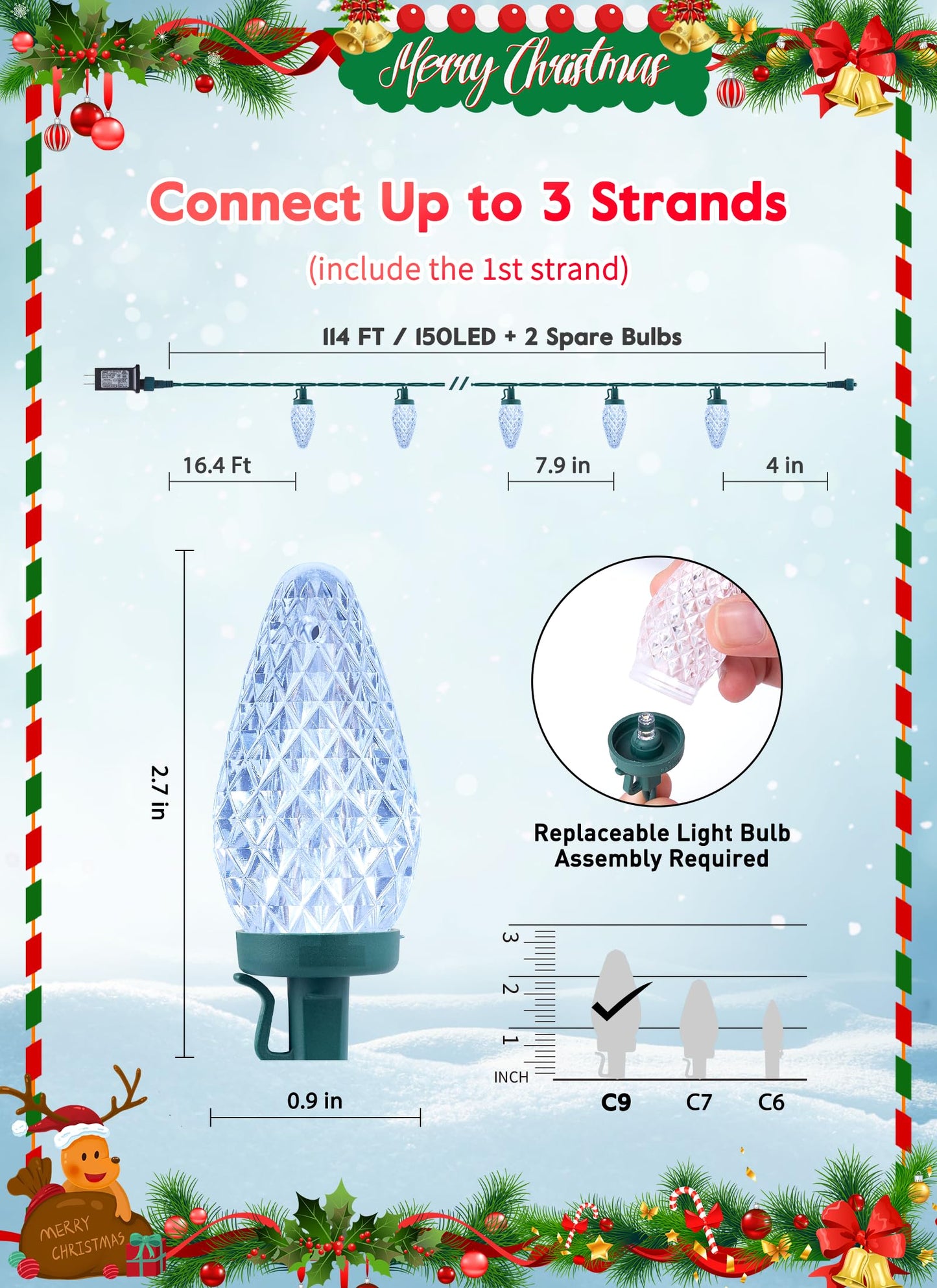 C9 Christmas Lights Outdoor  114 Feet 150 Led C9 String Light With Timer & 8 Light Modes  Waterproof Commercial Grade Connectable Christmas Tree Lights For House Indoor Outside Roofline  Pure White