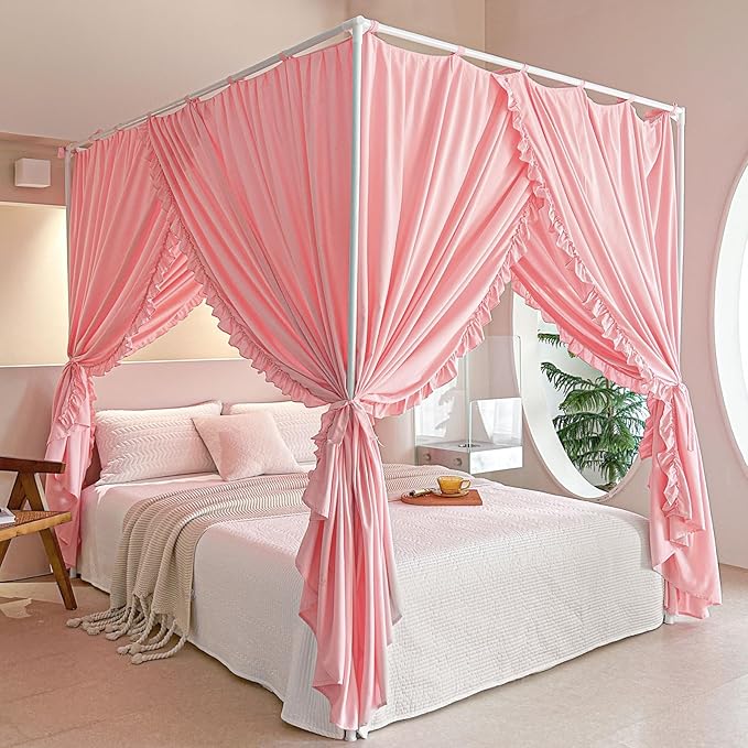 AIKASY Princess Canopy Bed Curtains with Top Ties - Windproof & Lightproof for Girls' Adult Bedroom Decor | Bed Canopy Drapes (King,Pink)