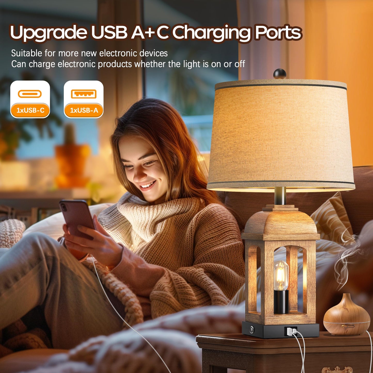 QiMH Table Lamp - Rustic 26in Nightstand Lamp with 3-Way Dimmable Touch Control, USB A+C, Wood Grain, 1 Pack