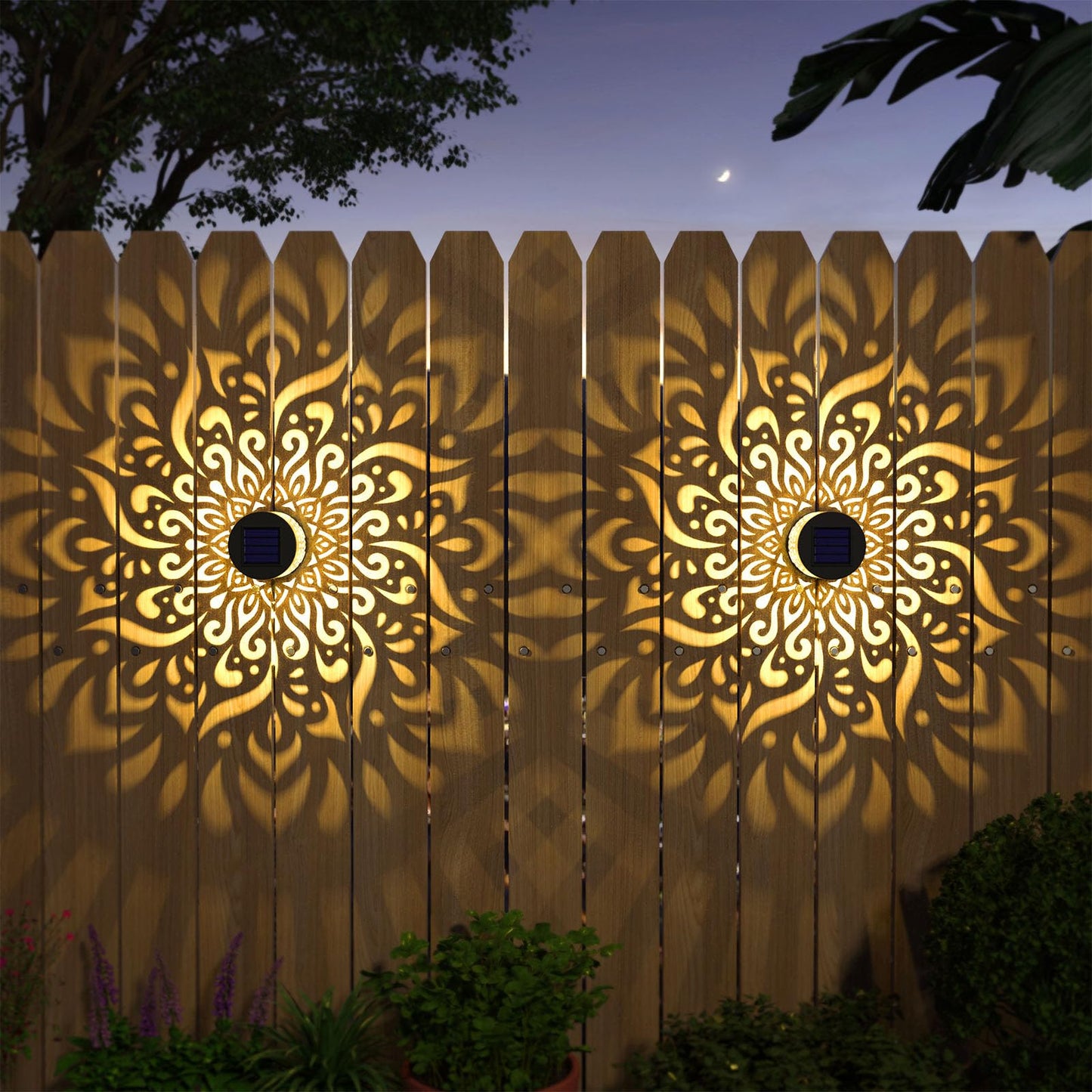 gardencave Solar Fence Lights - 4 Pack Metal Waterproof Outdoor Wall Deck Step Lights - Mandala Theme