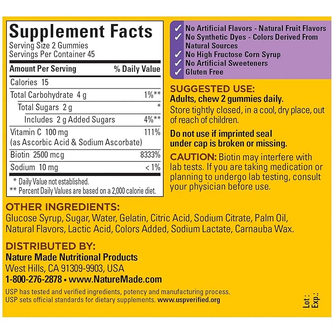 Nature Made Hair Skin and Nails with Biotin 2500 mcg, Dietary Supplement for Healthy Hair, Skin & Nails Support, 90 Gummies, 45 Day Supply (Pack of 2)