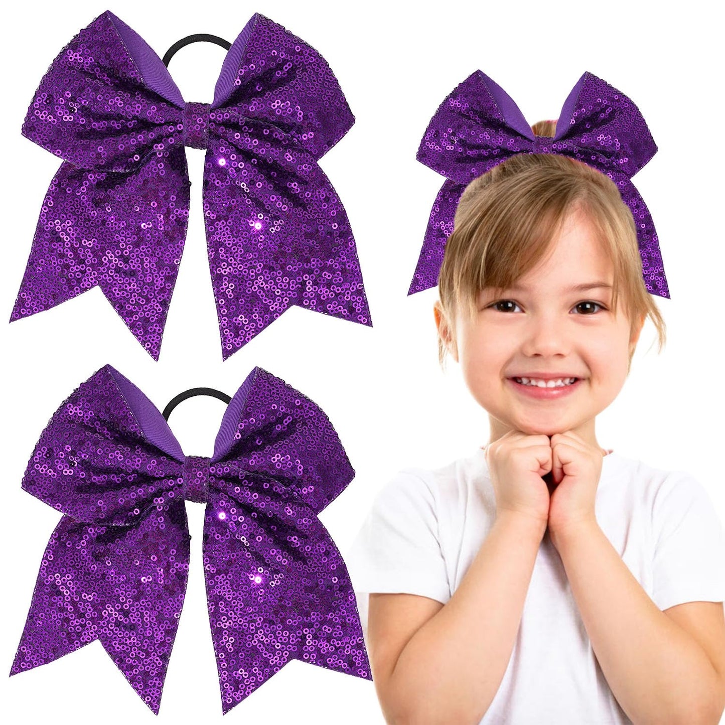2 PCS 8  Large Cheer Bows Sequin Cheer Hair Bows Ponytail Holders Cheerleading Bows for Jumbo Cheerleading Teen Girls Sports (Pu