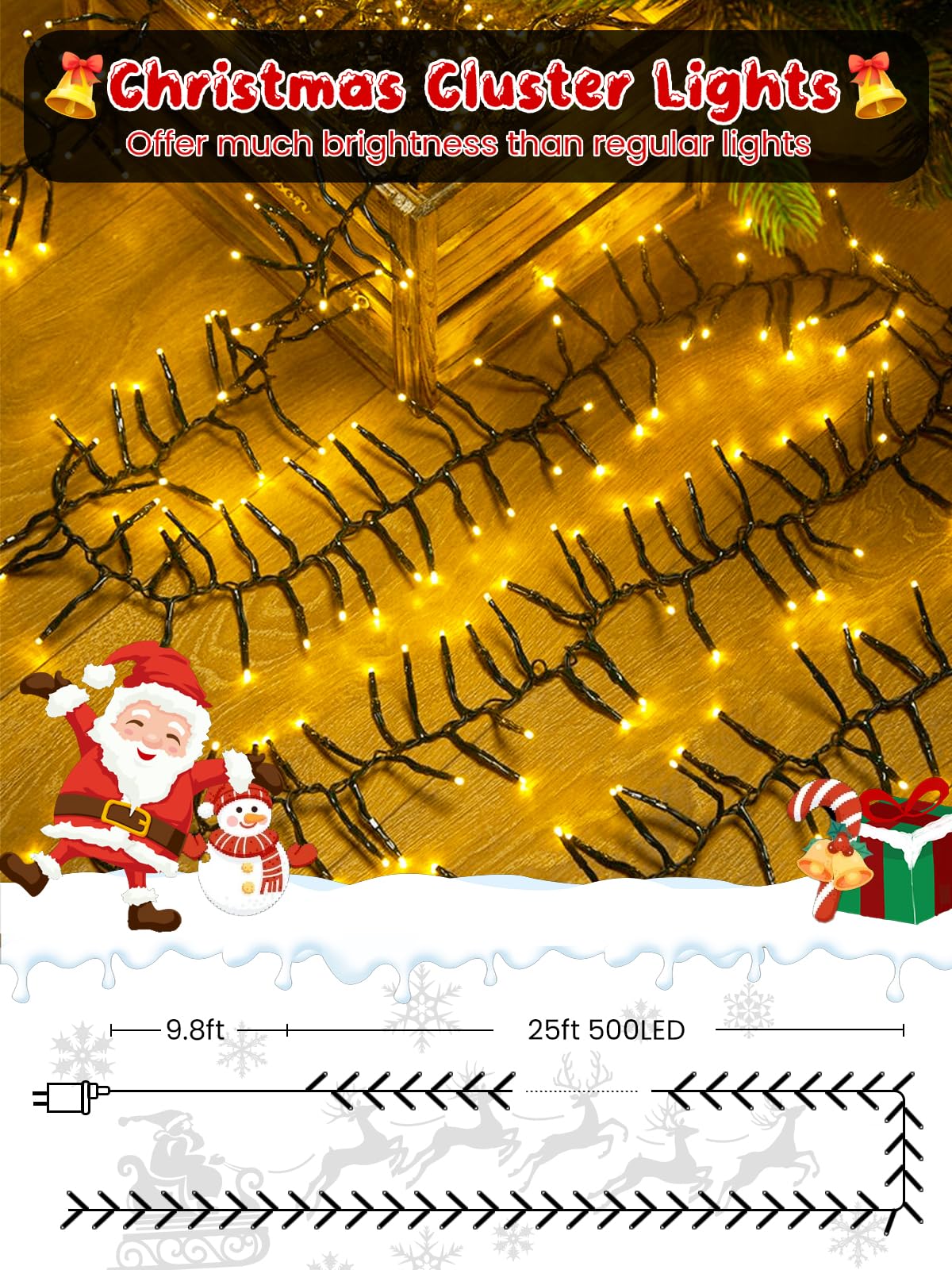 25Ft 500 Led Christmas Cluster Lights  Fire er String Lights With Remote & 8 Modes & Timer  Waterproof Fairy Twinkle Light Plug In For Indoor Outdoor Party Garden Xmas Tree Decoration  Warm White