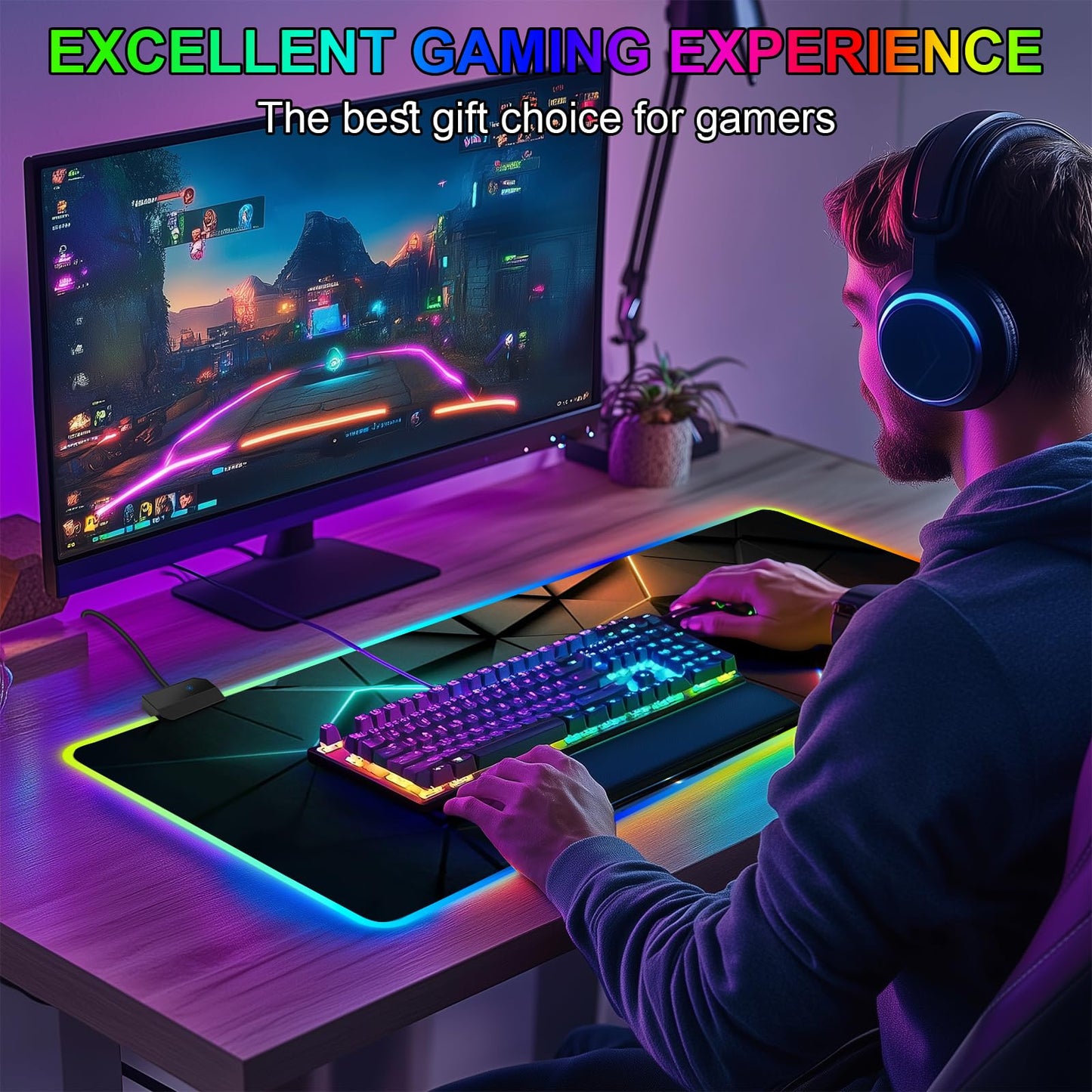 RGB Mouse Pad Desk Pad, Large Gaming Mousepad with LED Light 13 Light Modes Touch Control Extended Soft Computer Keyboard Mat Pad, Desk Mat with Non-Slip Rubber Base for MacBook & Laptop(31.5X11.8)