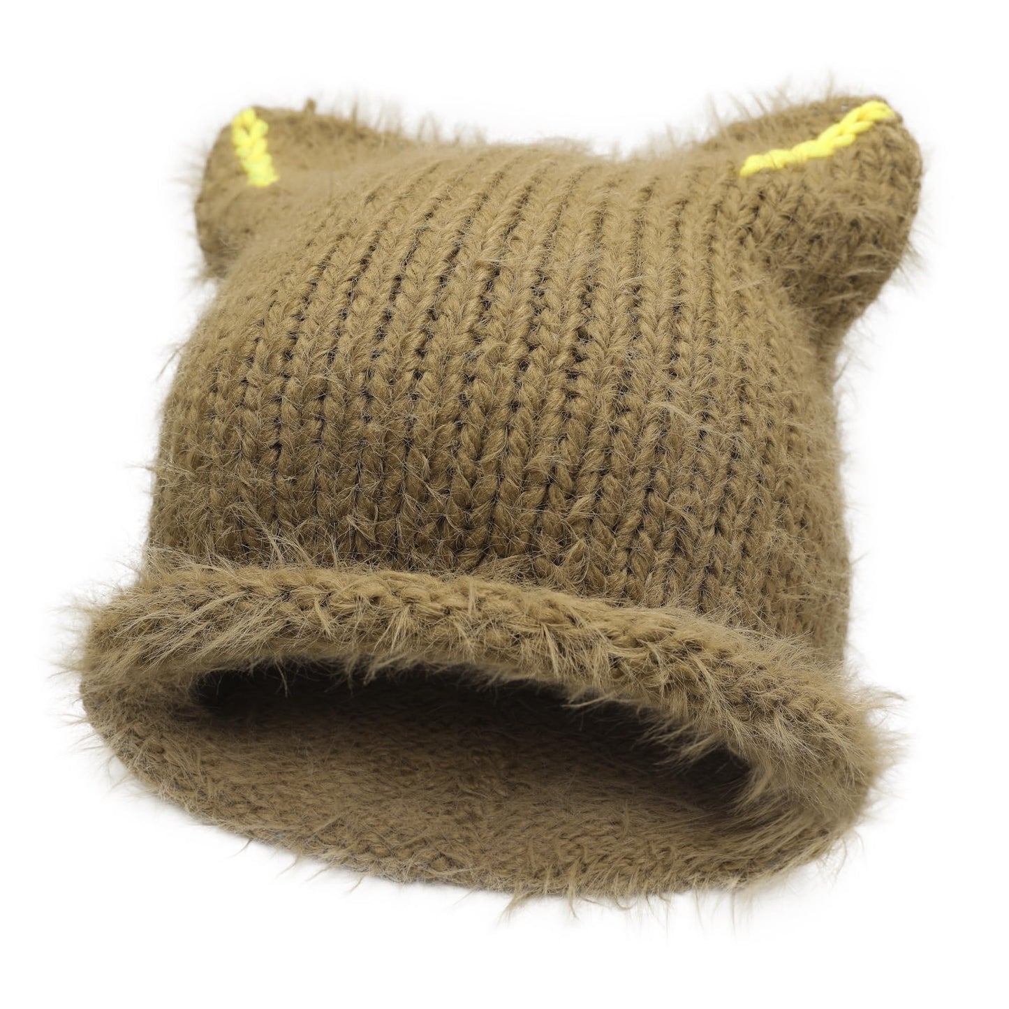 ZLYC Women's Slouchy Beanie with Cat Ears, Solid Khaki, one Size fits Most