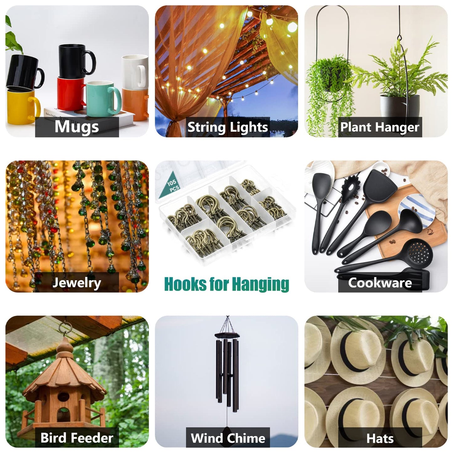 EIENHOSHI 105 Pcs Screw Hooks, 6 Sizes Bronze Cup Hooks, Screw Hooks for Hanging, Metal Cup Hooks Screw in (1/2", 5/8", 3/4", 7/8", 1'', 1-1/4")