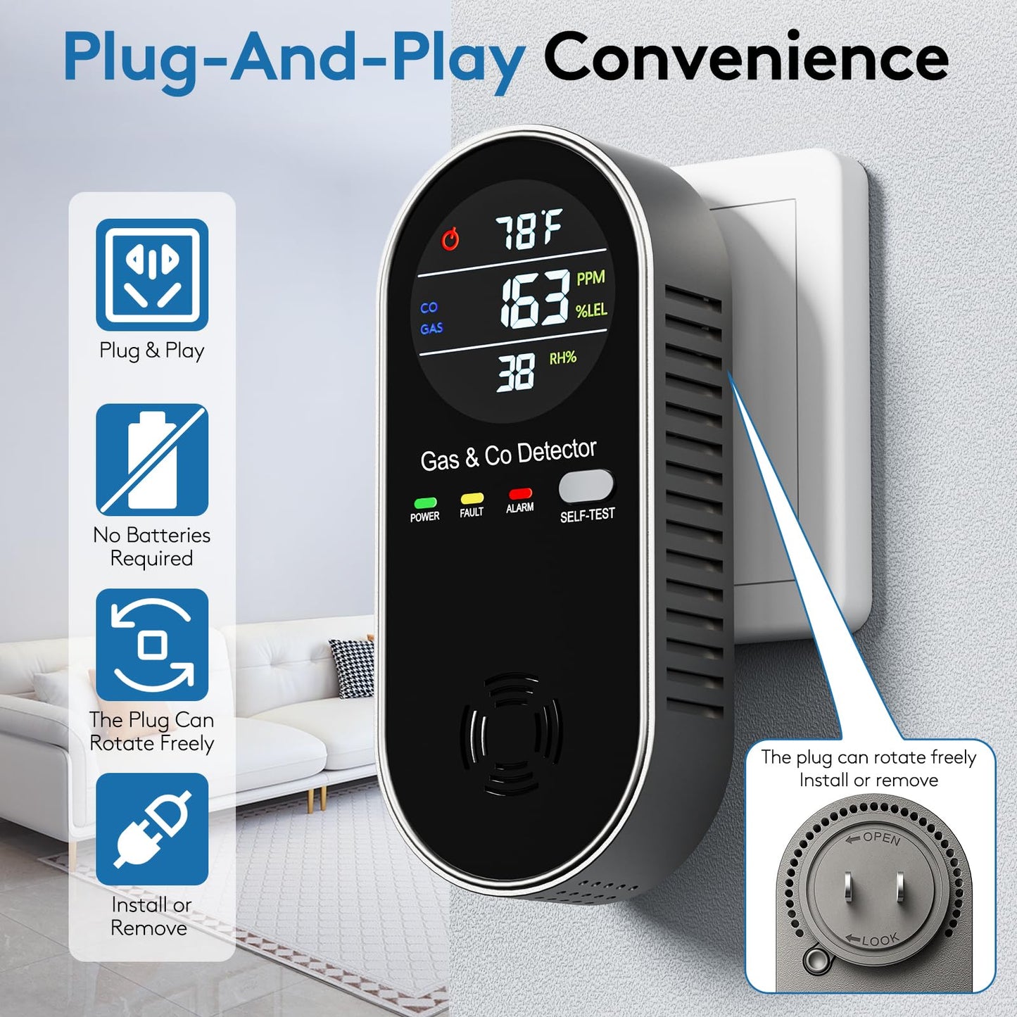 4-in-1 Plug in Combination Gas & Carbon Monoxide Detector, CO Alarm with Fahrenheit(°F) & Humidity LCD Display for Home and Travel (1 Pack)