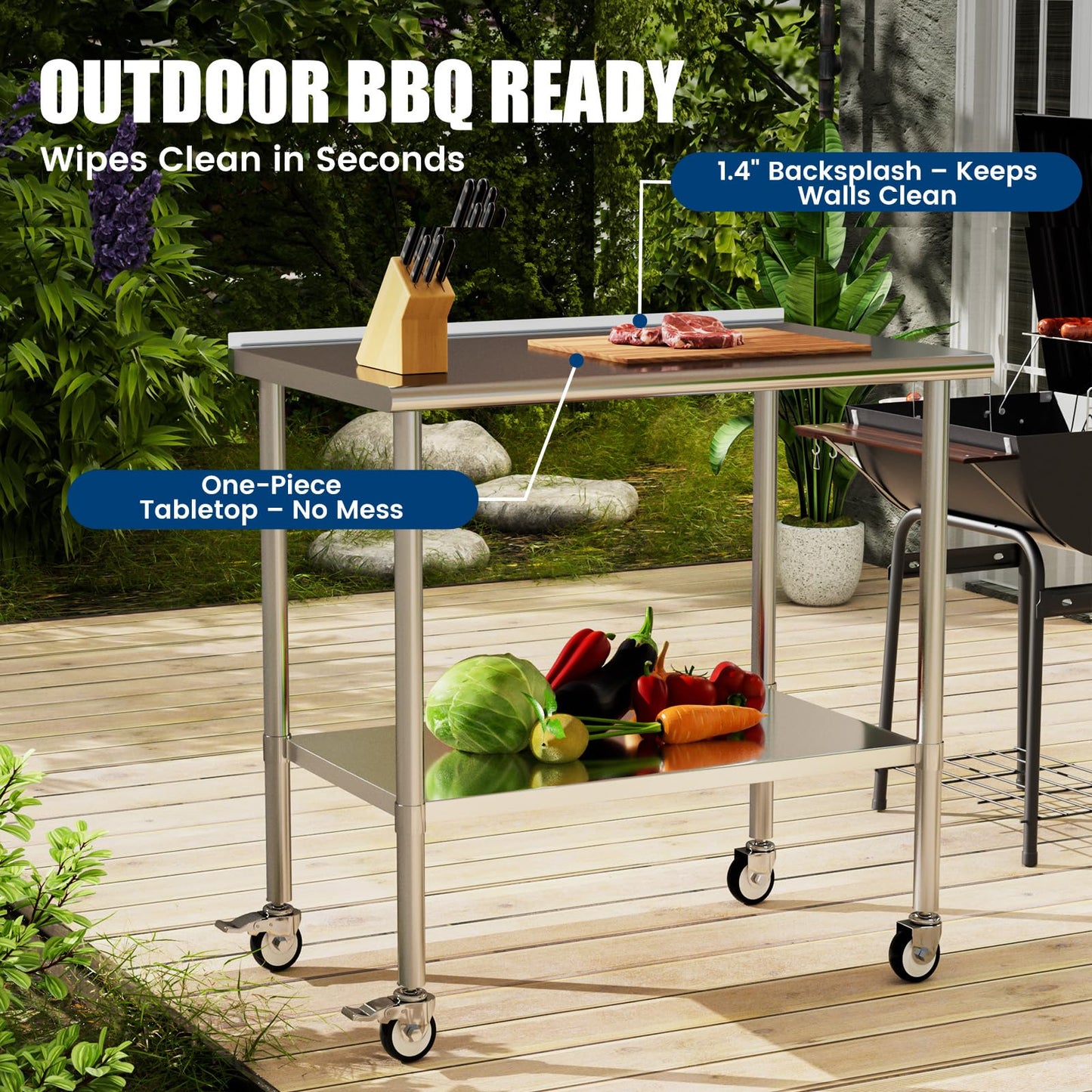Chingoo Stainless Steel Work Table with Wheels, 24x48 Inch NSF Food Prep Table with Backsplash & Adjustable Undershelf for Commercial Kitchen, Restaurant, Garage
