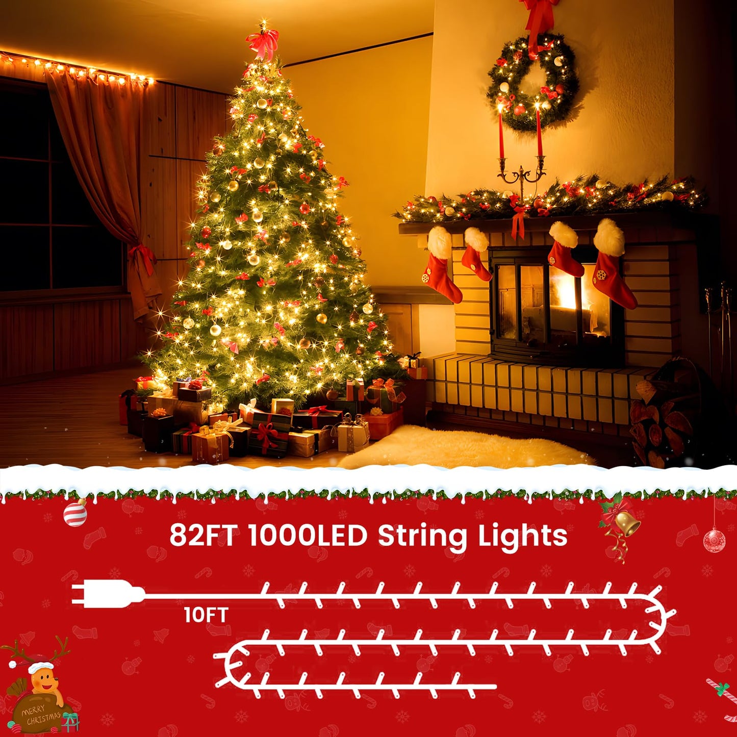 Areker 82Ft 1000Led Christmas Lights Outdoor Indoor  Green Wire Christmas String Lights Plug In  Ultra Bright 8 Modes Waterproof Fairy Lights For Xmas Tree Party Wedding Decoration  Warm White