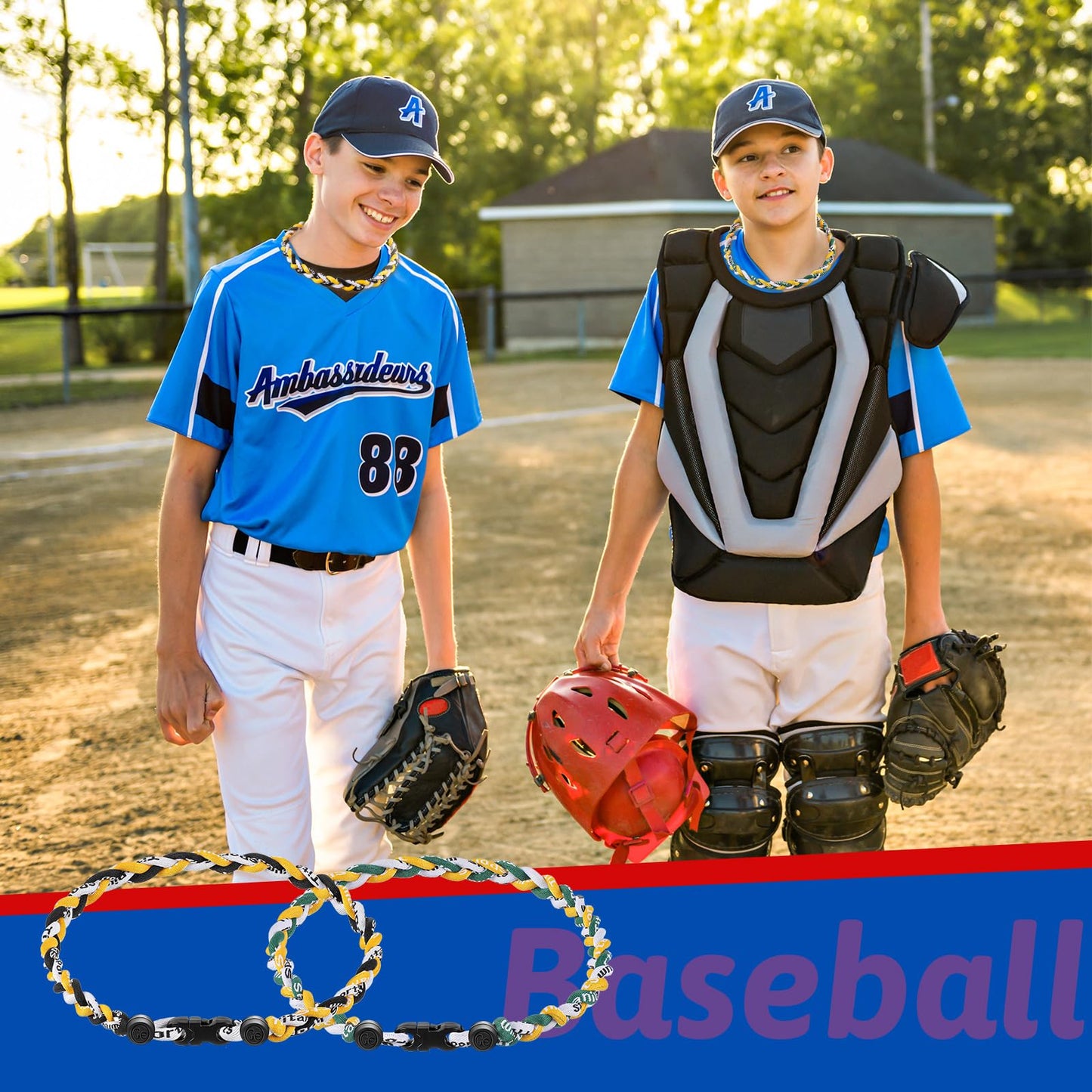 Junkin 3 Pcs Baseball Necklaces Three Braided Rope Titanium Necklace for Team Gifts Boys Men Player Softball Fans Sports (Yellow