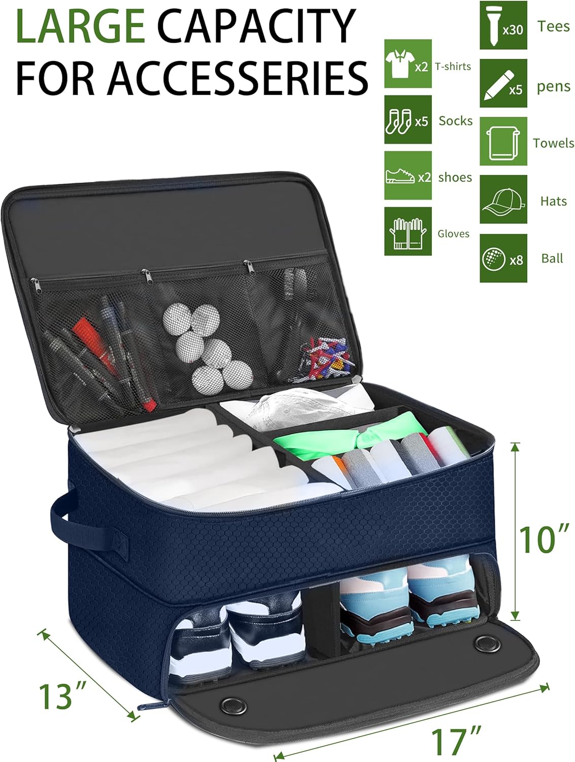 CAMPLAND 2 Layer Golf Trunk Organizer, Waterproof Car Locker for 2 Pair Shoes, Durable Storage for Balls, Tees, Clothes, Gloves, Accessories, Golf Gifts, Blue