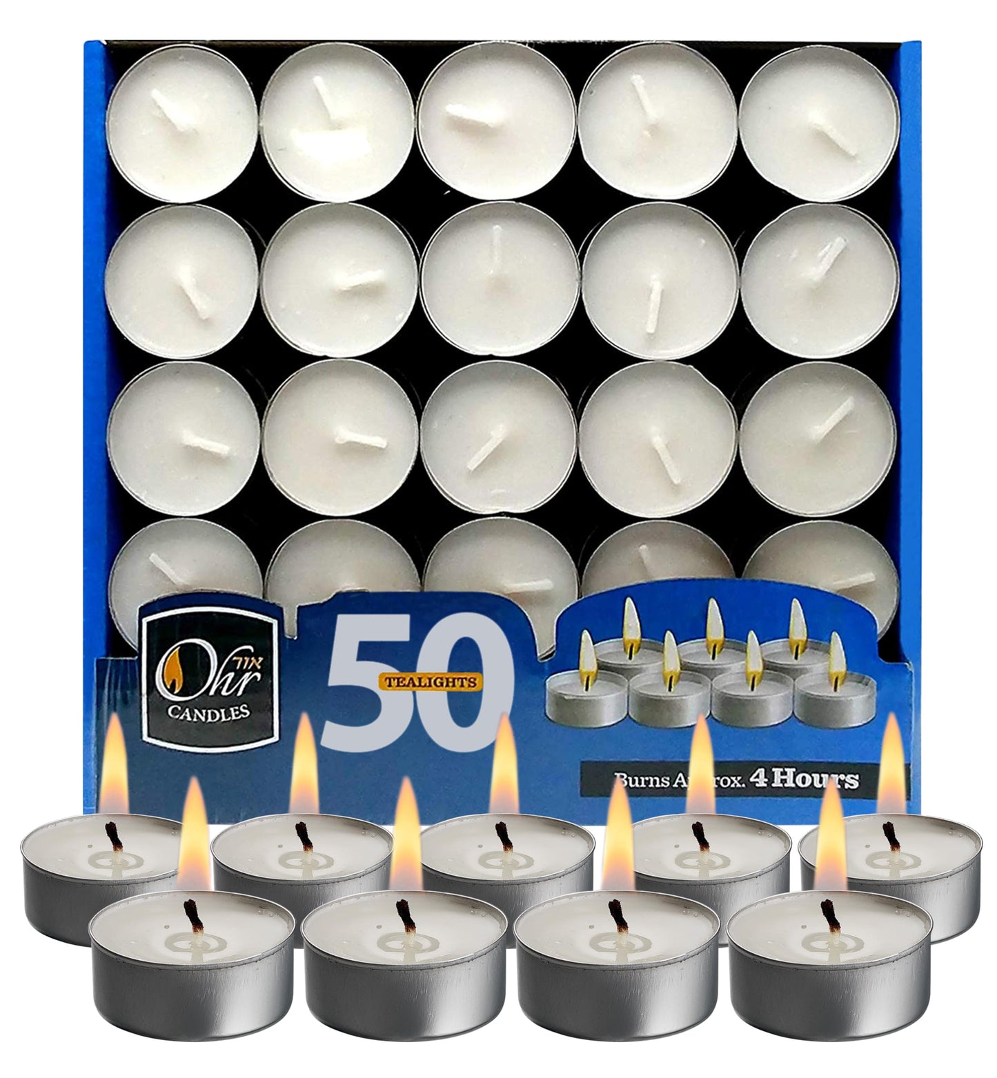 OHR CANDLES Tealight Candles - 50 Pack Bulk, Unscented White Wax, 4 Hour Burn Time, Model 28080