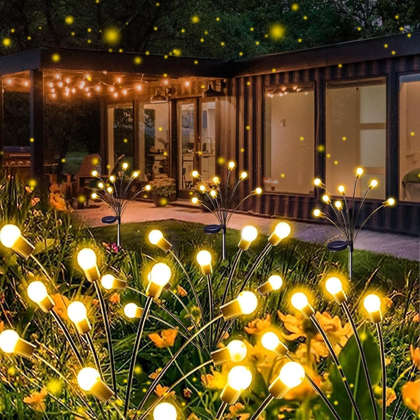 YIQU Solar Firefly Lights, 8 Pack, 64LED Waterproof Garden Lights, Warm White, Outdoor Lighting with 2 Modes for Yard and Patio