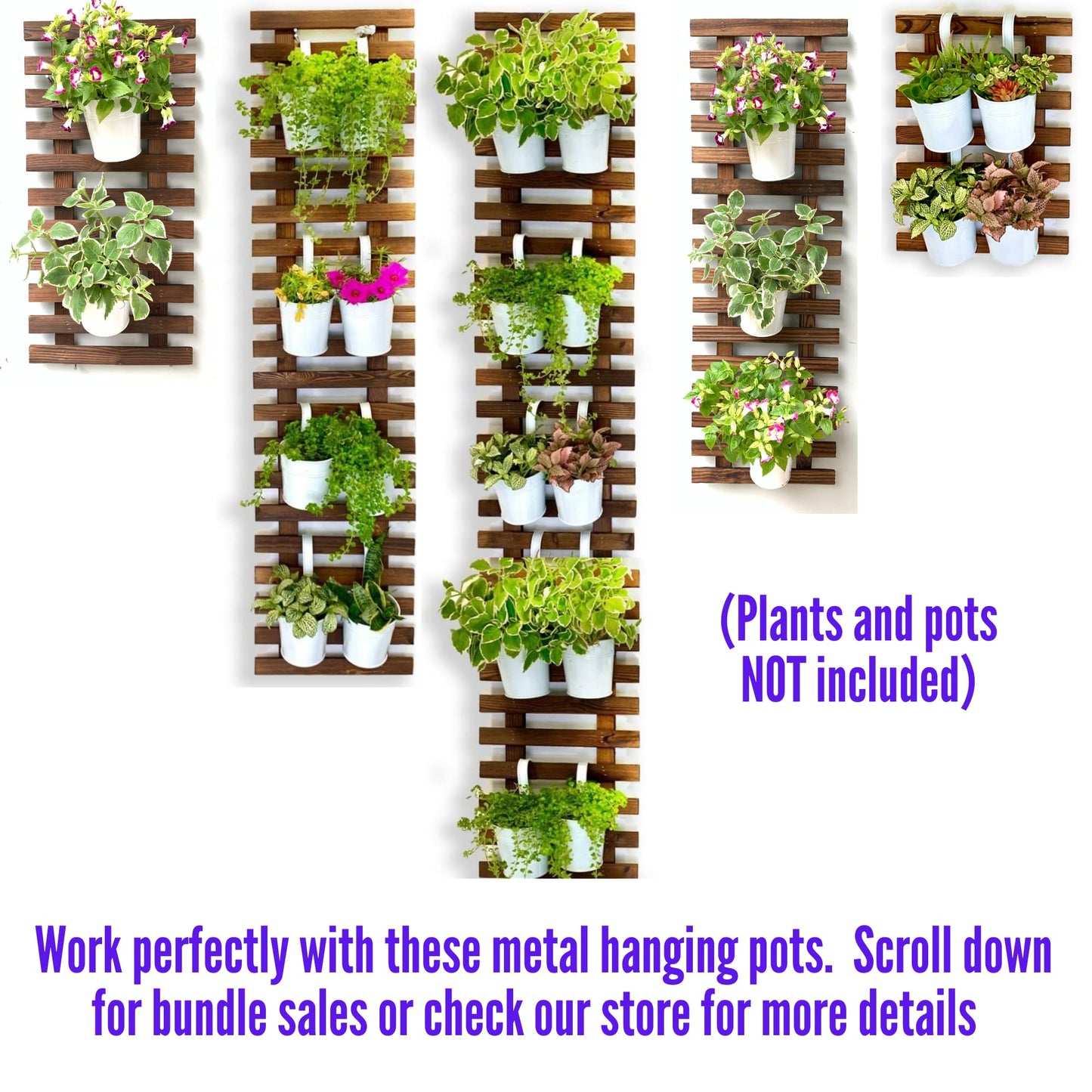 ShopLaLa Bundle- 5 Pack Set Wooden Plant Holder + 10 Pack, 4 Inch White Self Watering Plastic Pots Hydroponic Living Wall Mount Vertical Garden Systerm Rustic Farmhouse Home Shelves Ladder Stand Decor