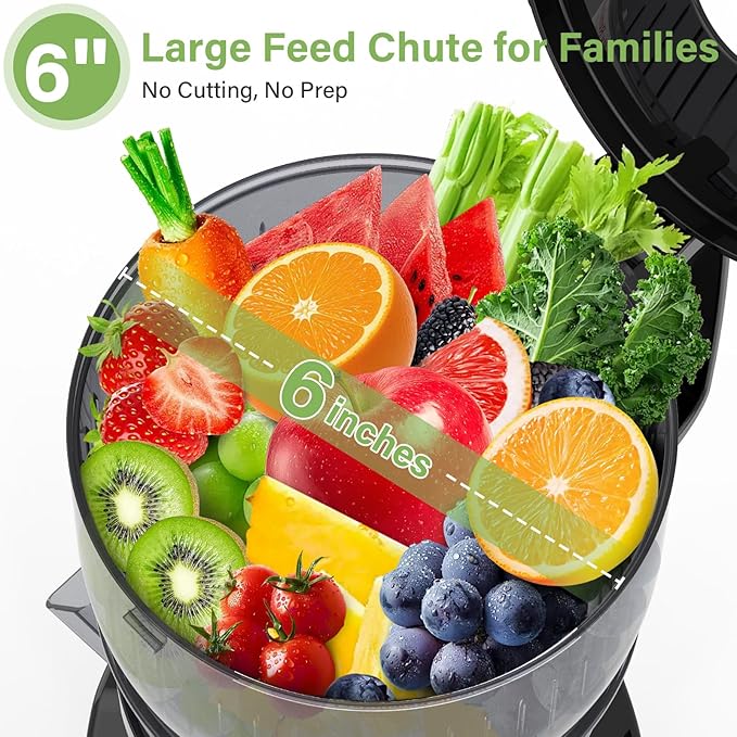 OMMO Juicer Machines, 300W Cold Press Juicer for Whole Vegetables & Fruits with 6'' Large Feed Chute, Slow Masticating Juicer Easy to Clean, High Juice Yield, BPA Free, Sliver