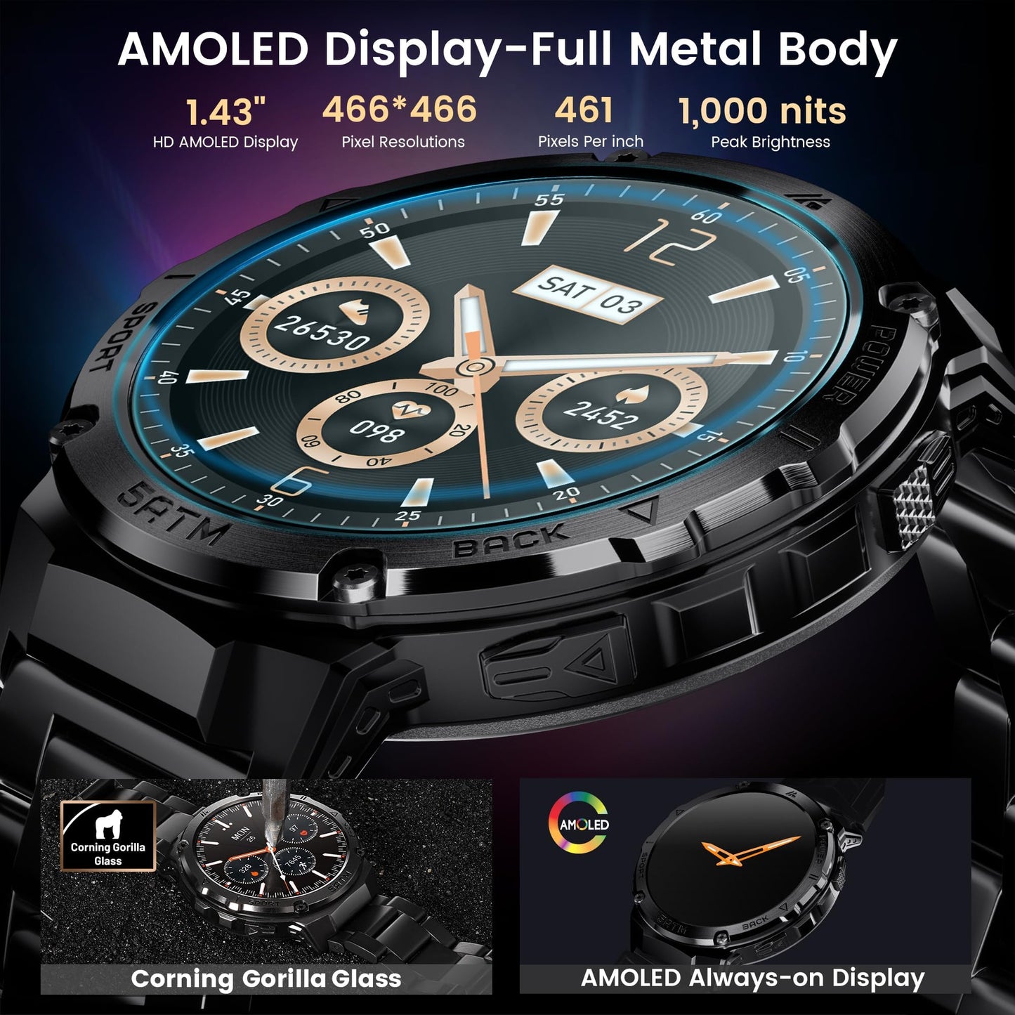 HOTMIFIT GPS Smart Watch for Men, 6 Satellite Positioning, Compass, Stainless Steel Body, 50M Waterproof, 480mAh Extra-Large Battery, Answer/Make Call, 1.43" AMOLED Screen, Compatible to Android iOS