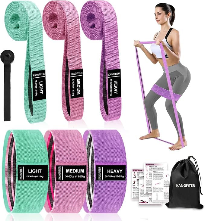 KANGFITER Long and Short Fabric Resistance Bands with Door Anchor 7 PCS, Non-Slip Stretch Booty Bands for Working Out Wome...